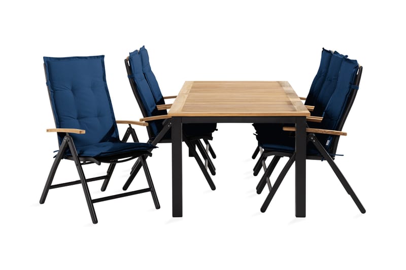 Las Vegas Spisegruppe 152-210x90 + 6 Stoler m Pute, Svart/Teak/Blå