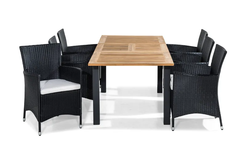 Las Vegas Spisegruppe 152-210x90 + 6 Thor Stoler m Pute, Teak/Svart/Grå