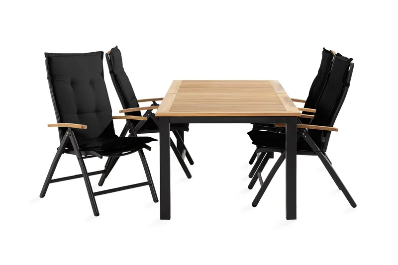 Las Vegas Spisegruppe 152-210x90 + 4 Stoler m Pute, Svart/Teak