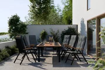 Las Vegas Spisegruppe 220-280+8 Posisjonsstoler Lyx +Puter - Svart/Teak/Grå - Hagemøbler & utemiljø - Hagegruppe - Spisegrupper hage