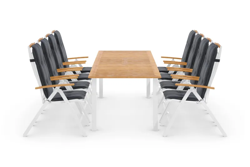 Las Vegas Spisegruppe 220-280+8 Posisjonsstoler Lyx+Puter, Hvit/Teak/Grå