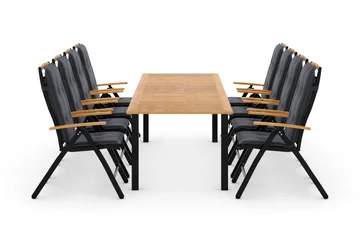 Las Vegas Spisegruppe 220-280+8 Posisjonsstoler Lyx +Puter - Svart/Teak/Grå - Hagemøbler & utemiljø - Hagegruppe - Spisegrupper hage