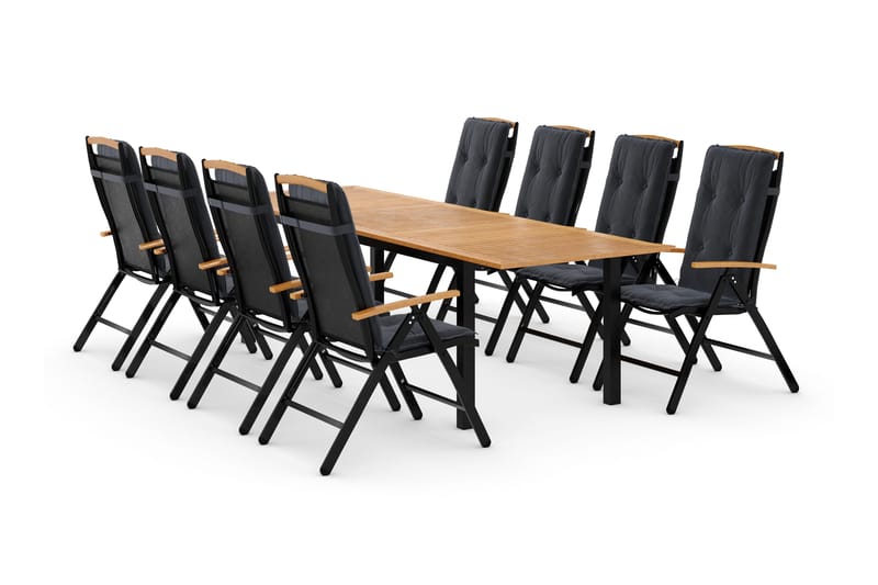 Las Vegas Spisegruppe 220-280+8 Posisjonsstoler Lyx +Puter - Svart/Teak/Grå - Hagemøbler & utemiljø - Hagegruppe - Spisegrupper hage