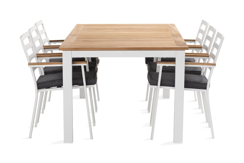 Las Vegas Spisegruppe 220-280 cm + 6 Olivenenr Spisestoler, Teak/Hvit
