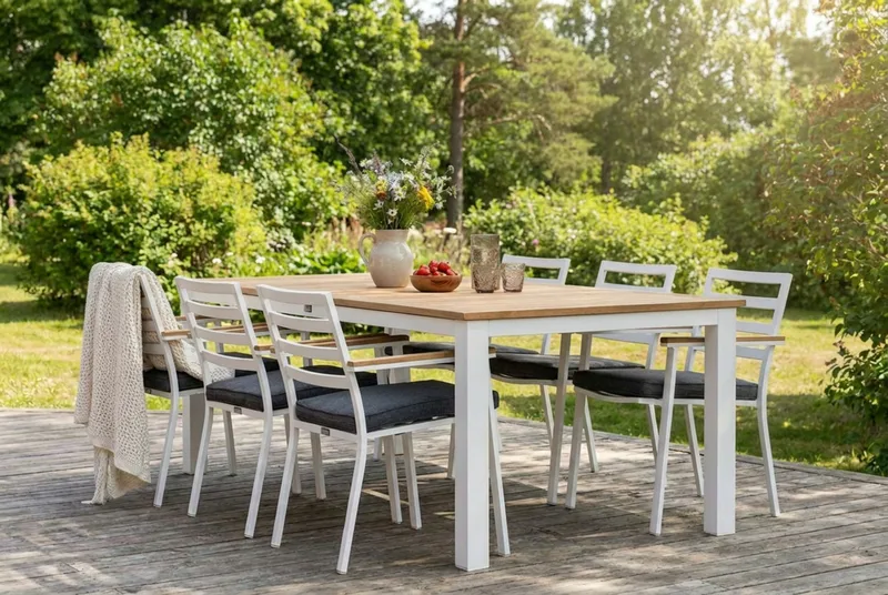 Las Vegas Spisegruppe 220-280 cm + 6 Olivenenr Spisestoler - Teak/Hvit - Hagemøbler & utemiljø - Hagegruppe - Spisegrupper hage