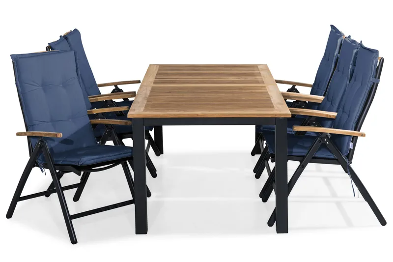 Las Vegas Spisegruppe 220-280x100 + 6 Stoler m Pute, Svart/Teak/Blå