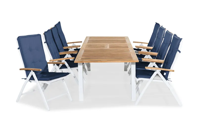 Las Vegas Spisegruppe 220-280x100+8 Las Vegas Lyx Stol Pute, Hvit/Teak/Blå