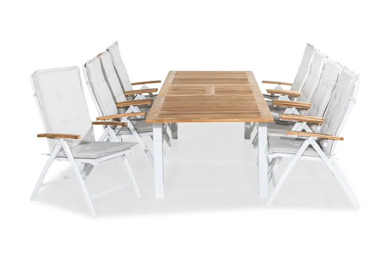 Las Vegas Spisegruppe 220-280x100+8 Las Vegas Lyx Stol Pute, Hvit/Teak