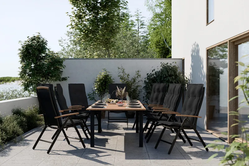 Las Vegas Spisegruppe 220-280x100 + 8 Stoler m Pute - Svart/Teak - Hagemøbler & utemiljø - Hagegruppe - Spisegrupper hage