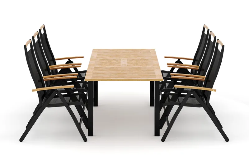 Las Vegas utendørs spisegruppe, uttrekkbar 152–210x90 cm med 6 Las Vegas regulerbare stoler, Svart