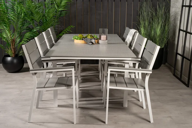 Levels Forlengbar Spisegruppe 160cm + 8 Spisestoler, Hvit/Grå