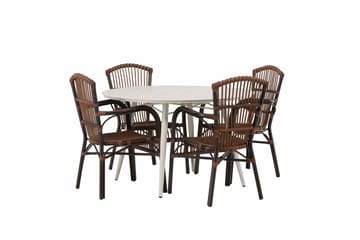 Lina Spisegruppe Rund 120 cm + 4 Galera Karmstoler - Brun/Hvit - Hagemøbler & utemiljø - Hagegruppe - Spisegrupper hage