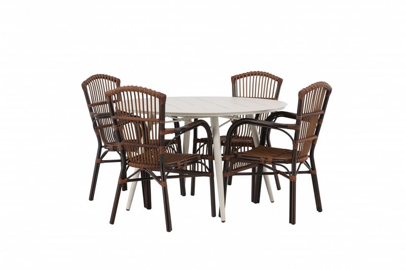 Lina Spisegruppe Rund 120 cm + 4 Galera Karmstoler, Brun/Hvit
