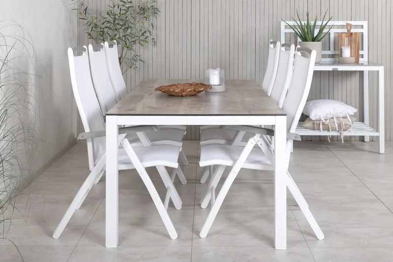 Llama Spisegruppe 205cm + 6 Albany Posisjonsstoler, Hvit/Grå