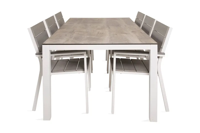 Llama Spisegruppe 205cm+6 Levels Stablebare Stoler, Hvit/Grå