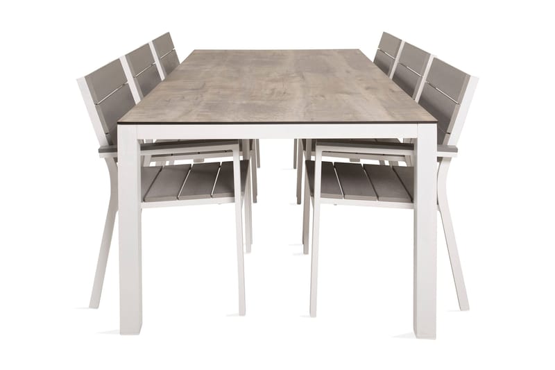 Llama Spisegruppe 205cm+6 Levels Stablebare Stoler, Hvit/Grå