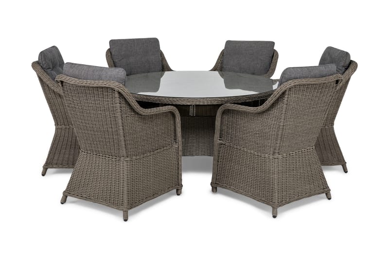 Marcus Spisegruppe 140 Rund + 6 Lenestoler m Pute, Grå