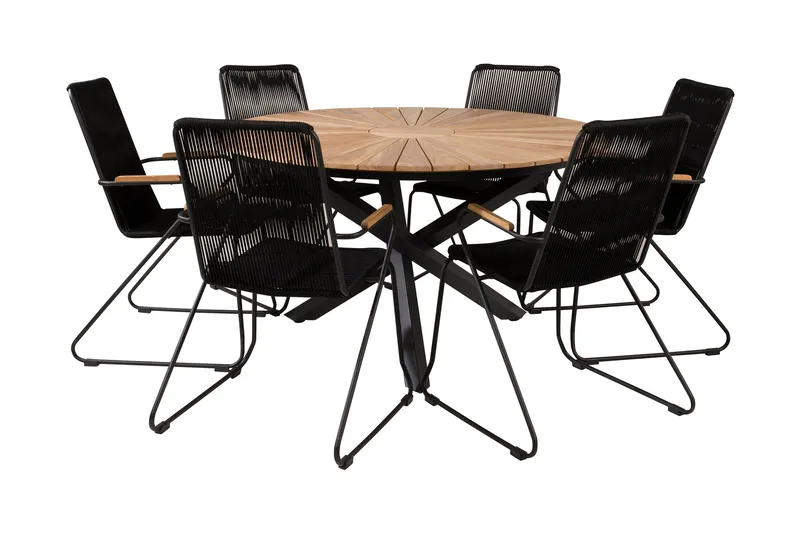 Mexico Spisegruppe Rund Ø140cm + 6 Bois Karmstoler, Svart/Natur