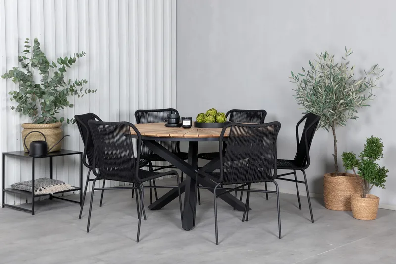 Mexico Spisegruppe Rund Ø140cm + 6 Julian Spisestoler, Brun/Svart