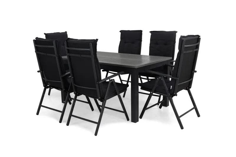 Monaco Spisegruppe 152-210+6 Maggie Posisjonsstoler+Puter, Svart/Grå