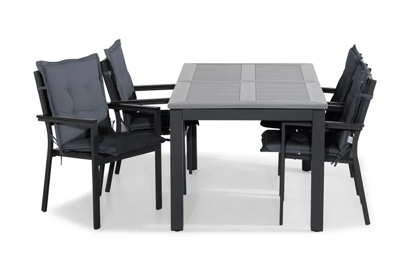 Monaco Spisegruppe 152-210x90 + 4 Tunis Stablestol m Pute, Svart/Grå