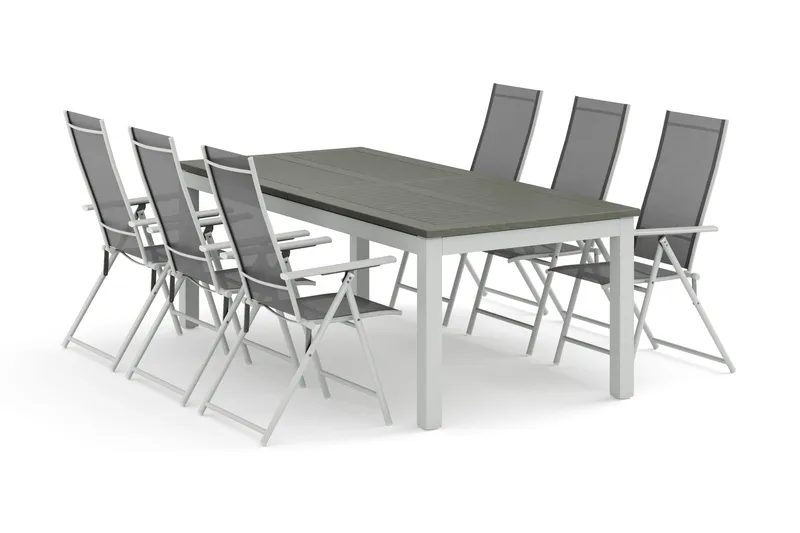 Monaco utendørs spisegruppe, uttrekkbar 210/310x90 med 6 Sanna regulerbare stoler, Hvit/Grå