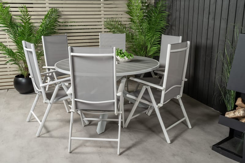 Parma Spisegruppe Rund Ø140cm + 6 Break Posisjonsstoler - Hvit/Grå - Hagemøbler & utemiljø - Hagegruppe - Spisegrupper hage