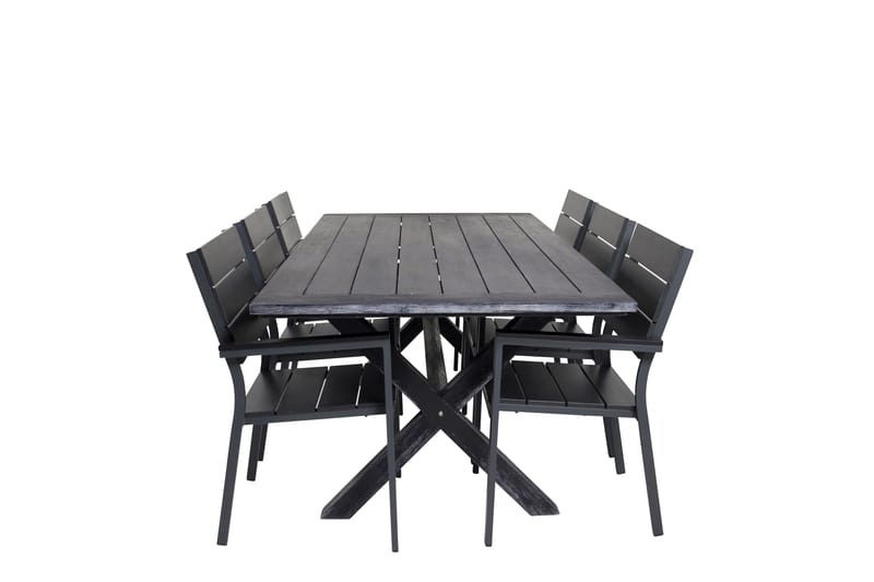 Rives Spisegruppe 200cm + 6 Levels Stablebare Spisestoler - Svart - Hagemøbler & utemiljø - Hagegruppe - Spisegrupper hage