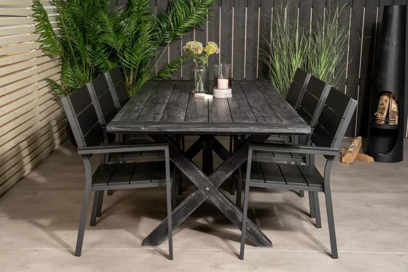 Rives Spisegruppe 200cm + 6 Levels Stablebare Spisestoler, Svart