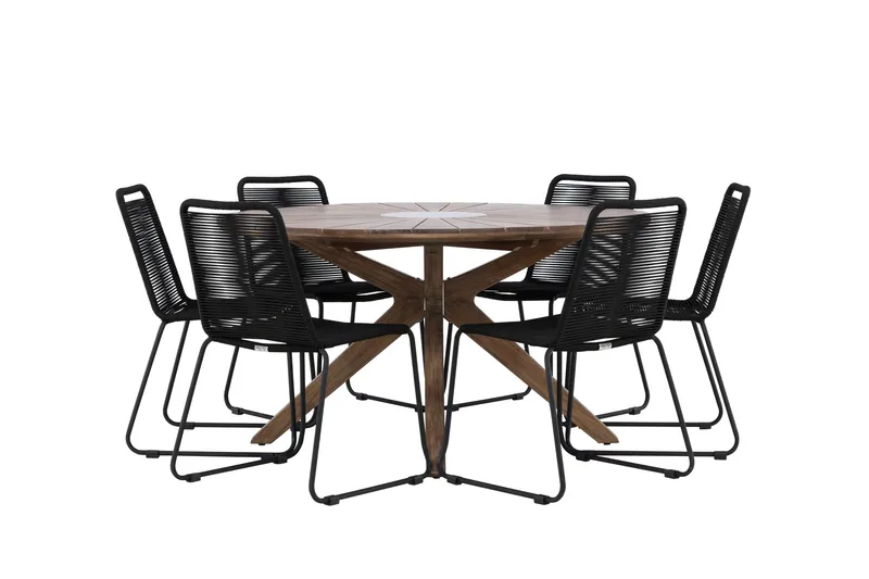 Rosario Spisegruppe Rund 140 cm + 6 stk Linero Spisestoler Svart/Brun