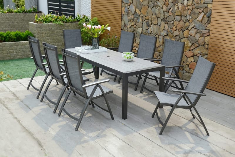 Solana Spisegruppe 201 cm + 8 Posisjonsstoler - Grå - Hagemøbler & utemiljø - Hagegruppe - Spisegrupper hage