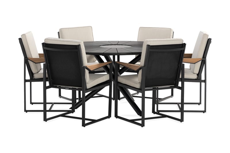 Spisegruppe Finnhamn 140 cm Rund + 6 Spisestol Östermalm - Teak/Svart - Hagemøbler & utemiljø - Hagegruppe - Spisegrupper hage