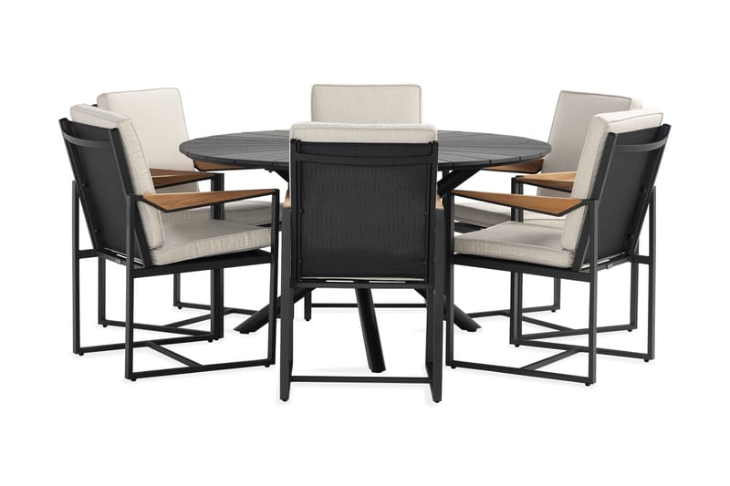 Spisegruppe Finnhamn 140 cm Rund + 6 Spisestol Östermalm - Teak/Svart - Hagemøbler & utemiljø - Hagegruppe - Spisegrupper hage