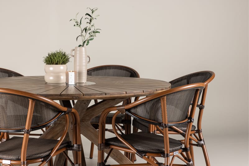 Spisegruppe for utendørsbruk Rosario spisebord - teak Ø140 +Vila Real kaféstol 2-pk - brun/svart _6 Brun - Hagemøbler & utemiljø - Hagegruppe - Spisegrupper hage