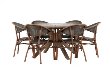 Spisegruppe for utendørsbruk Rosario spisebord - teak Ø140 +Vila Real kaféstol 2-pk - brun/svart _6 Brun - Hagemøbler & utemiljø - Hagegruppe - Spisegrupper hage