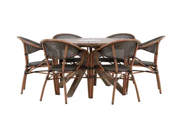 Spisegruppe for utendørsbruk Rosario spisebord - teak Ø140 +Vila Real kaféstol 2-pk - brun/svart _6 Brun - Hagemøbler & utemiljø - Hagegruppe - Spisegrupper hage