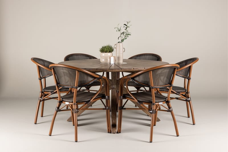 Spisegruppe for utendørsbruk Rosario spisebord - teak Ø140 +Vila Real kaféstol 2-pk - brun/svart _6 Brun - Hagemøbler & utemiljø - Hagegruppe - Spisegrupper hage