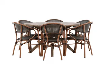 Spisegruppe for utendørsbruk Rosario spisebord - teak Ø140 +Vila Real kaféstol 2-pk - brun/svart _6 Brun - Hagemøbler & utemiljø - Hagegruppe - Spisegrupper hage