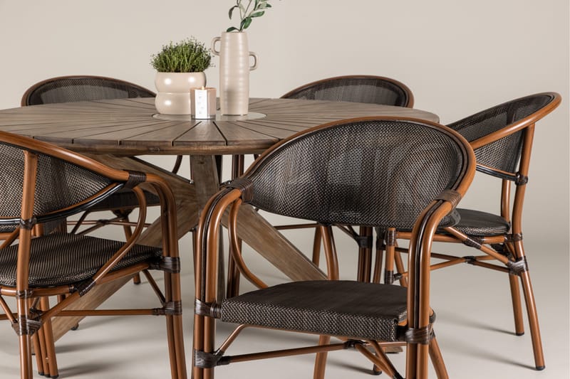 Spisegruppe for utendørsbruk Rosario spisebord - teak Ø140 +Vila Real kaféstol 2-pk - brun/svart _6 Brun - Hagemøbler & utemiljø - Hagegruppe - Spisegrupper hage