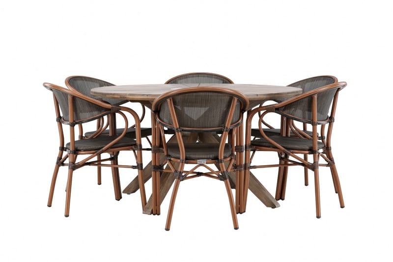 Spisegruppe for utendørsbruk Rosario spisebord - teak Ø140 +Vila Real kaféstol 2-pk - brun/svart _6 Brun - Hagemøbler & utemiljø - Hagegruppe - Spisegrupper hage