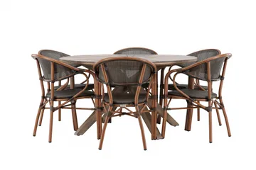 Spisegruppe for utendørsbruk Rosario spisebord - teak Ø140 +Vila Real kaféstol 2-pk - brun/svart _6 Brun - Hagemøbler & utemiljø - Hagegruppe - Spisegrupper hage