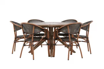 Spisegruppe for utendørsbruk Rosario spisebord - teak Ø140 +Vila Real kaféstol 2-pk - brun/svart _6 Brun - Hagemøbler & utemiljø - Hagegruppe - Spisegrupper hage