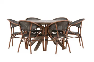 Spisegruppe for utendørsbruk Rosario spisebord - teak Ø140 +Vila Real kaféstol 2-pk - brun/svart _6 Brun - Hagemøbler & utemiljø - Hagegruppe - Spisegrupper hage