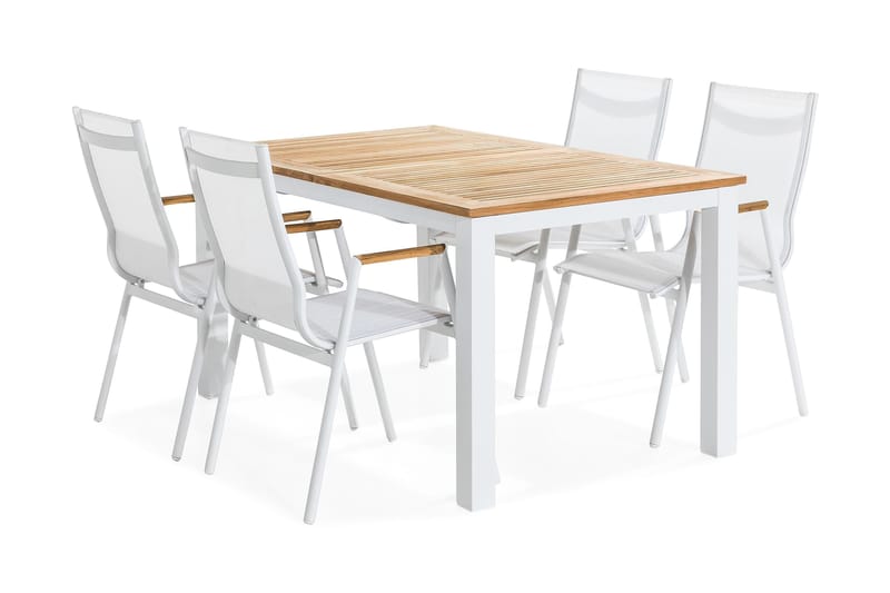 Spisegruppe Las Vegas 152-210x90 + 4 Karmstoler - Hvit|Teak - Hagemøbler & utemiljø - Hagegruppe - Spisegrupper hage