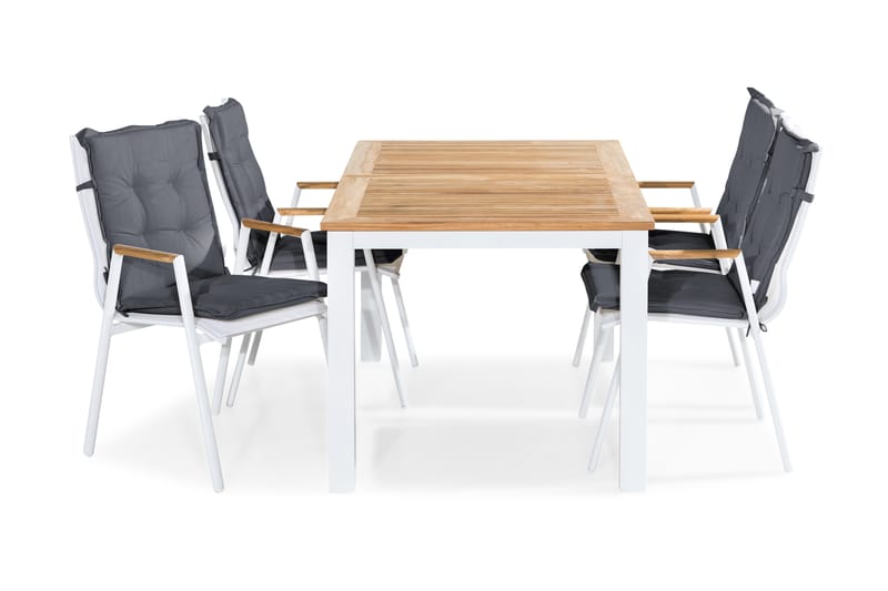 Spisegruppe Las Vegas 152-210x90 + 4 Karmstoler m Pute - Hvit|Teak|Grå - Hagemøbler & utemiljø - Hagegruppe - Spisegrupper hage