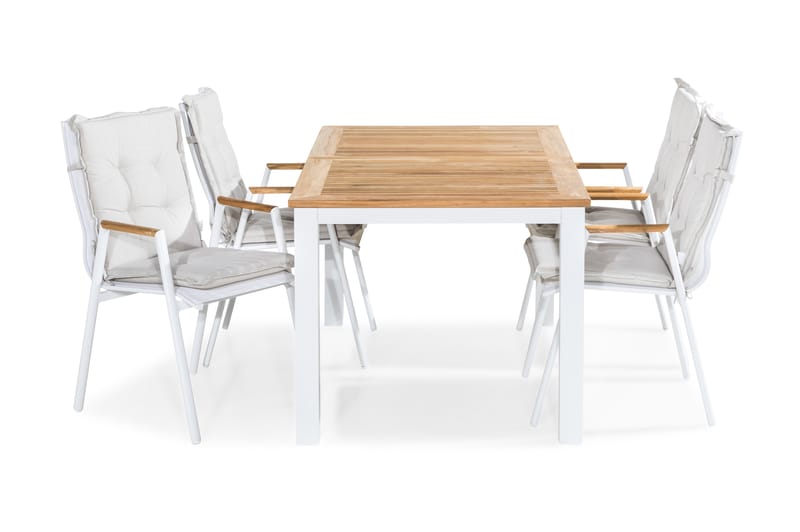 Spisegruppe Las Vegas 152-210x90 + 4 Karmstoler m Pute, Hvit|Teak