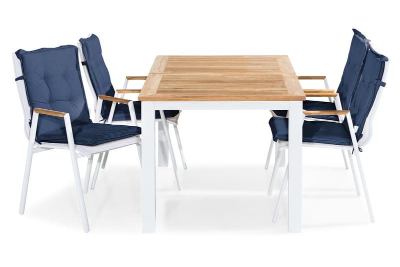 Spisegruppe Las Vegas 152-210x90 + 4 Karmstoler m Pute - Hvit|Teak|Blå - Hagemøbler & utemiljø - Hagegruppe - Spisegrupper hage