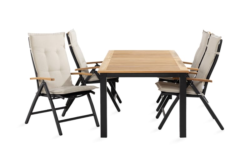 Spisegruppe Las Vegas 152-210x90 + 4 Stoler m Pute, Svart|Teak|Hvit