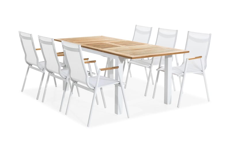 Spisegruppe Las Vegas 152-210x90 + 6 Karmstoler - Hvit|Teak - Hagemøbler & utemiljø - Hagegruppe - Spisegrupper hage