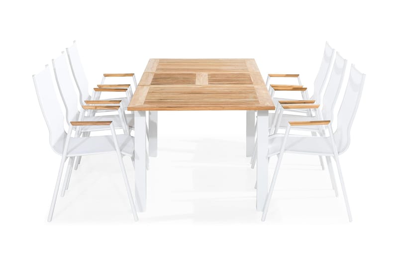 Spisegruppe Las Vegas 152-210x90 + 6 Karmstoler, Hvit|Teak
